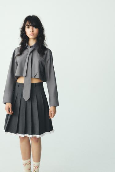 クロップド丈ポプリンシャツ ネクタイディテールグレーZaraのクロップド丈ポプリンシャツ ネクタイディテール - グレー