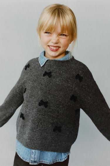 KNIT JUMPER WITH FLOCKING BOWS - Grey marl by Zara