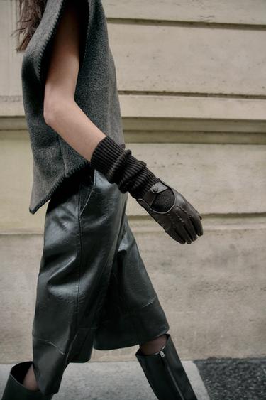 Zara COMBINATION FAUX LEATHER GLOVES - Brown