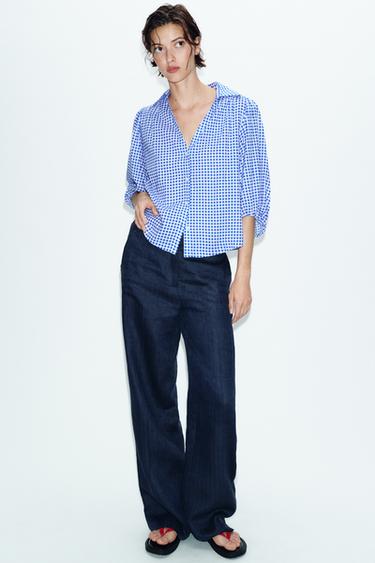 Zara GINGHAM LINEN SHIRT - Ecru / Blue