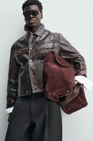 BLOUSON EN CUIR LAVÉ - Grenat foncé de Zara - Image 4