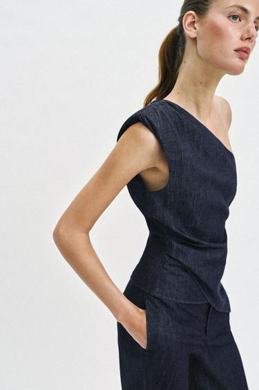 ASYMMETRIC LINEN BLEND SHOULDER PAD TOP - Indigo by Zara