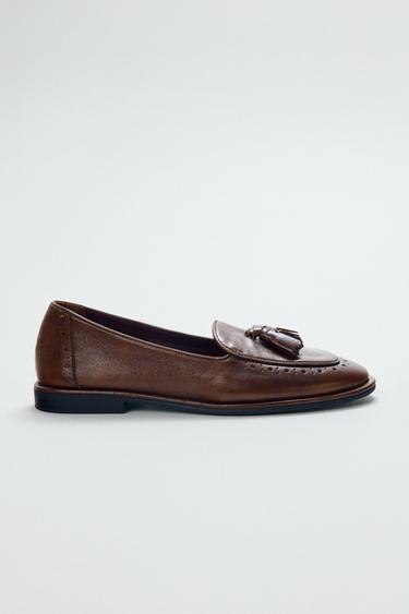 Zara LEATHER TASSEL LOAFERS - Brown