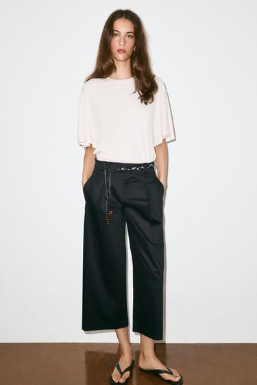 Zara POPLIN PANTS WITH SCARF BELT - Navy blue