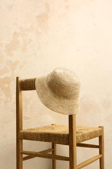 Zara RAFFIA BUCKET HAT - Light beige