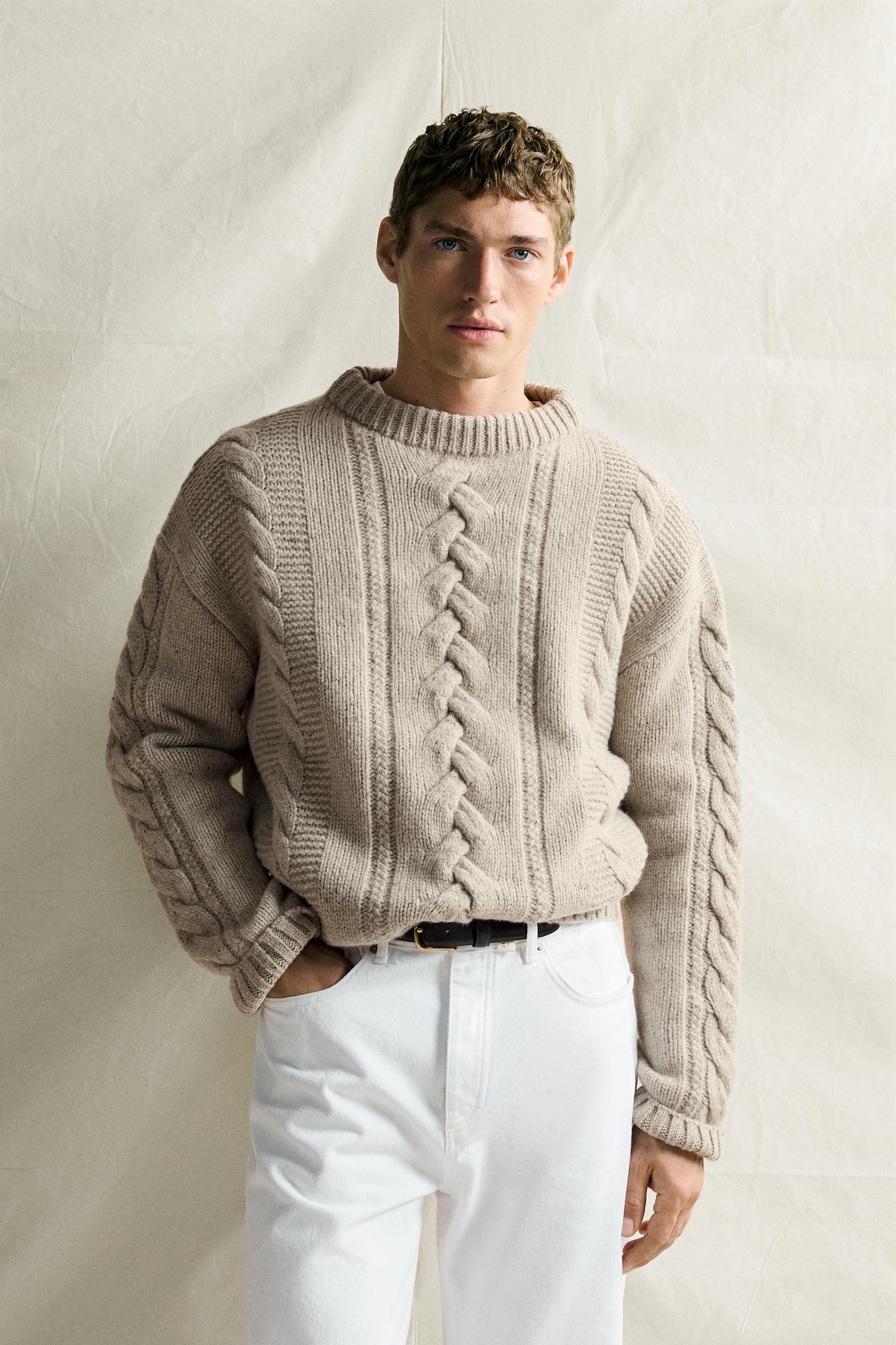 Мужской свитер Zara 100% Wool Cable-Knit Botonato Jumper, цвет: Песочный / Меланжевый — фото 2
