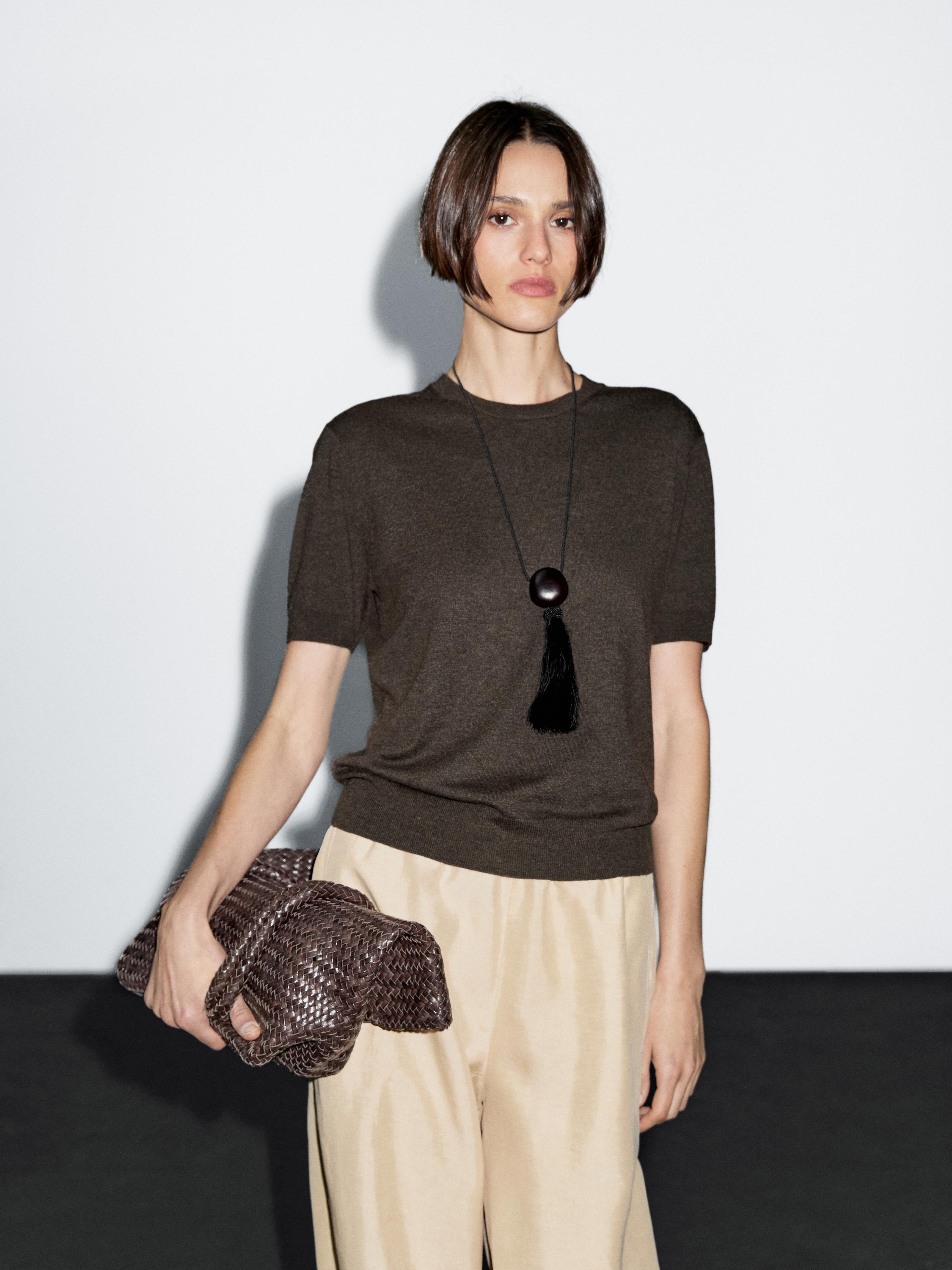 Short-sleeve wool blend knit sweater