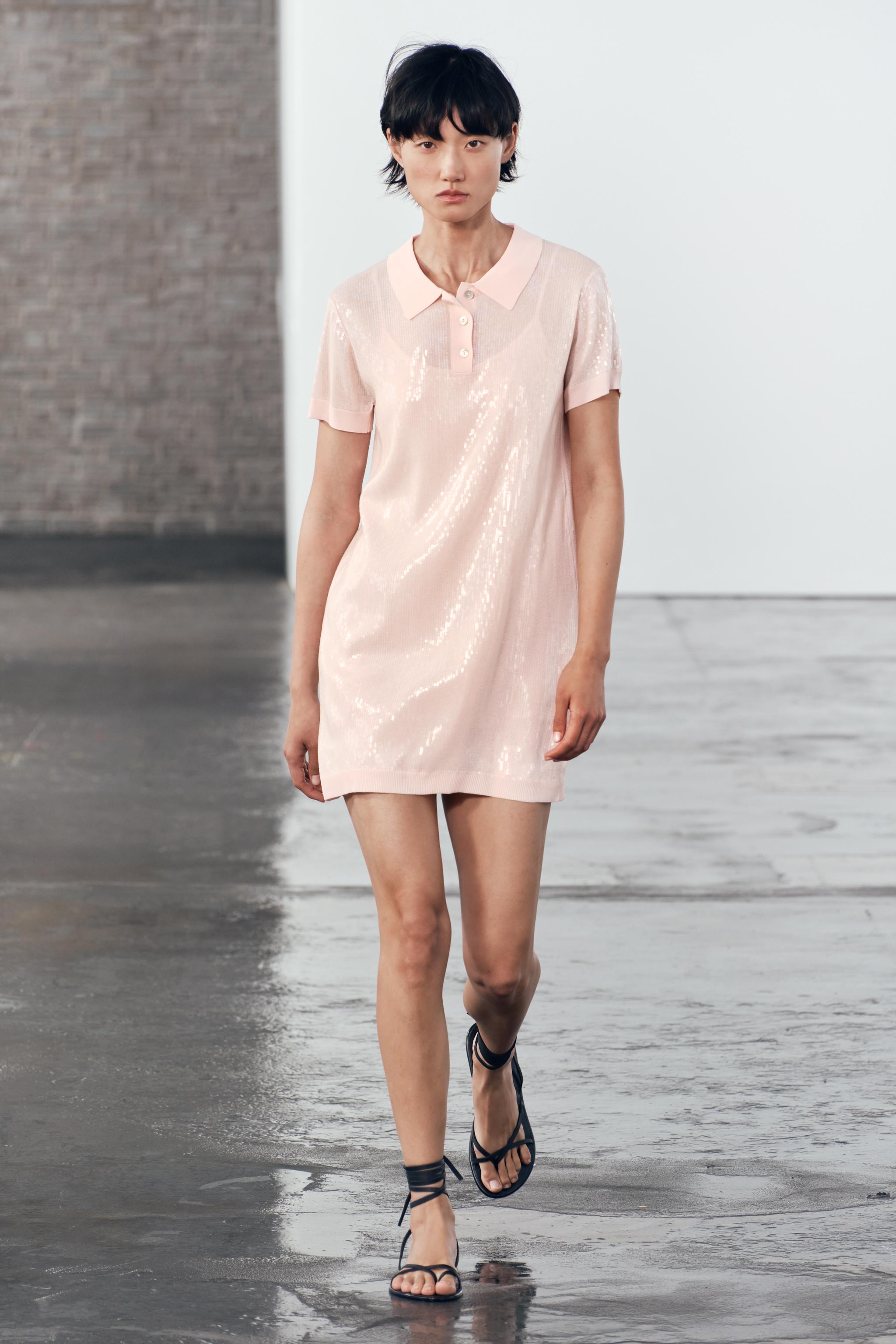 SHORT KNIT POLO DRESS WITH SEQUINS - Pale pink | ZARA Australia