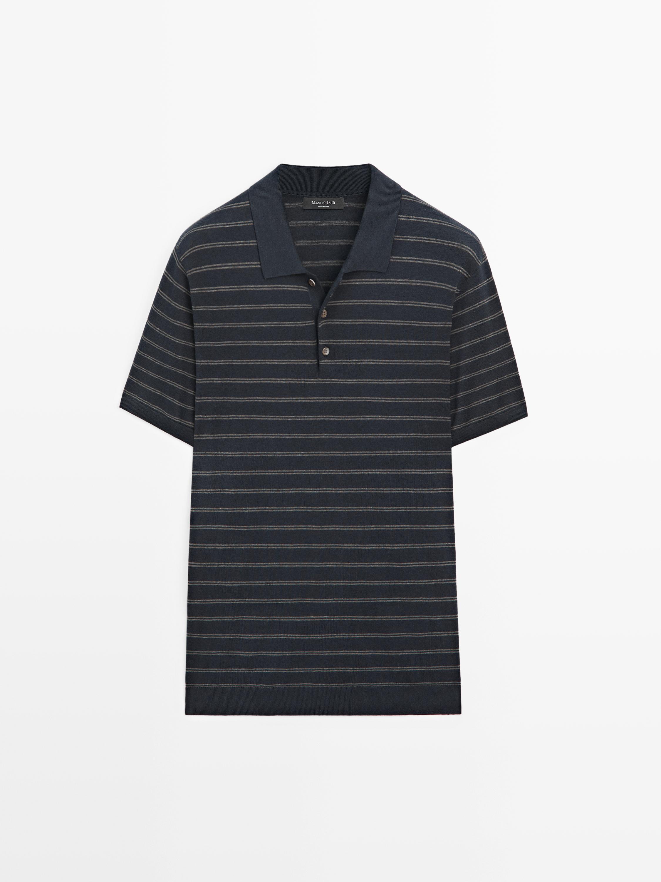 Cotton blend knit polo shirt with striped detail