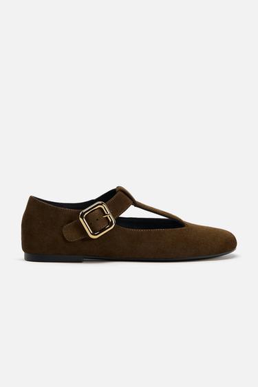 SUEDE BUCKLE BALLERINAS - Dark tan by Zara