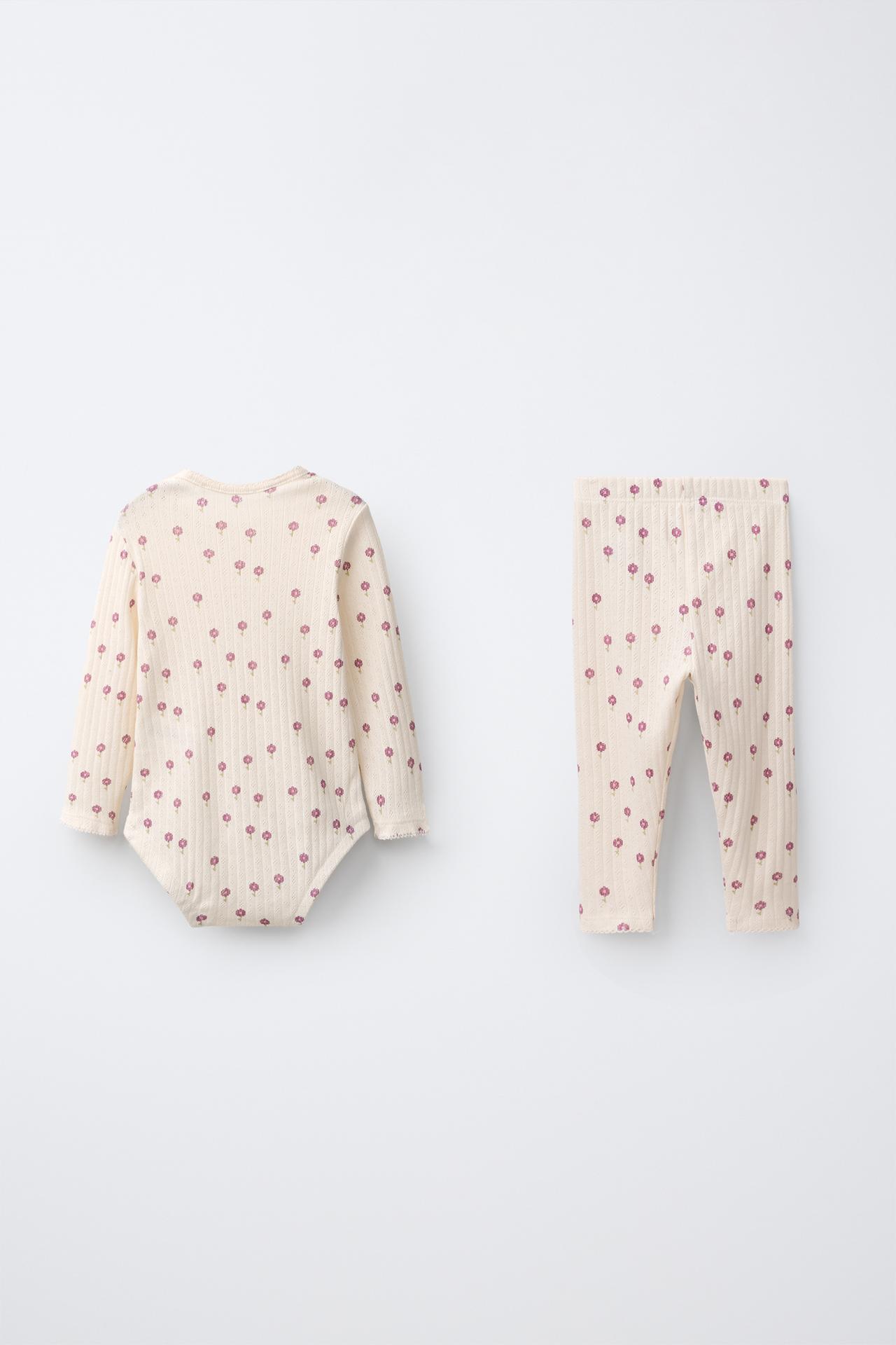 FLORAL PRINT BODYSUIT AND LEGGINGS SET — Pastel pink