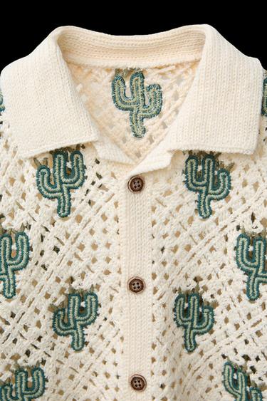 HÄKELSTRICKHEMD MIT KAKTUSMOTIV - Cremefarben / Grün von Zara