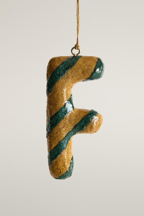 STRIPED F LETTER CHRISTMAS TREE ORNAMENT - Green by Zara - Image 0