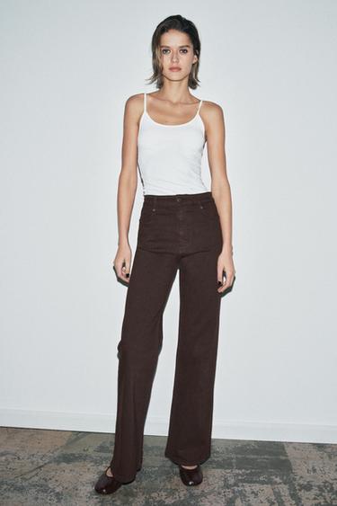 JEANS ZW COLLECTION WIDE LEG خصر عالي - بني by Zara