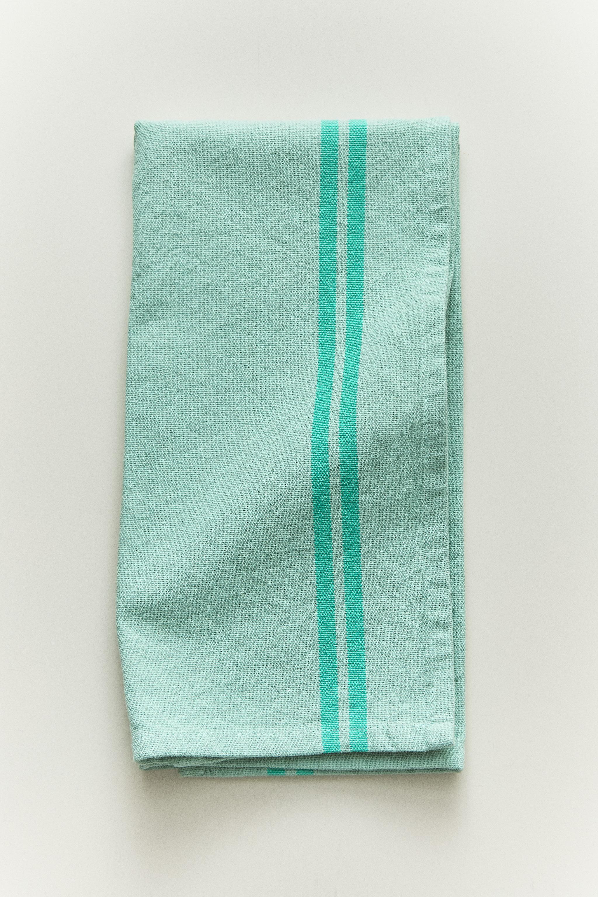 STRIPED COTTON TEA TOWEL — Turquoise