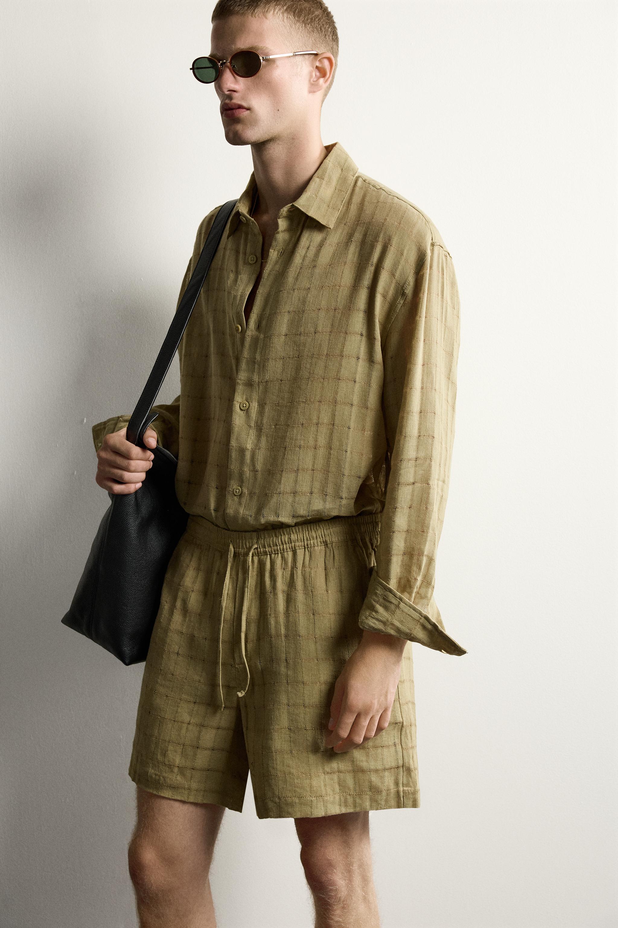 RELAXED FIT CHECKERED LINEN-COTTON JACQUARD SHIRT