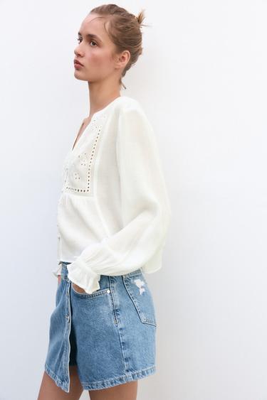 Zara Z1975 RIPPED DENIM SKORT - Mid-blue