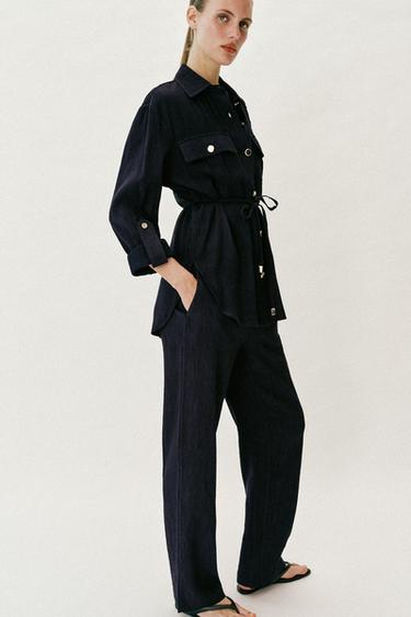 PANTALON DROIT EFFET FROISSÉ - Bleu marine de Zara - Image 2