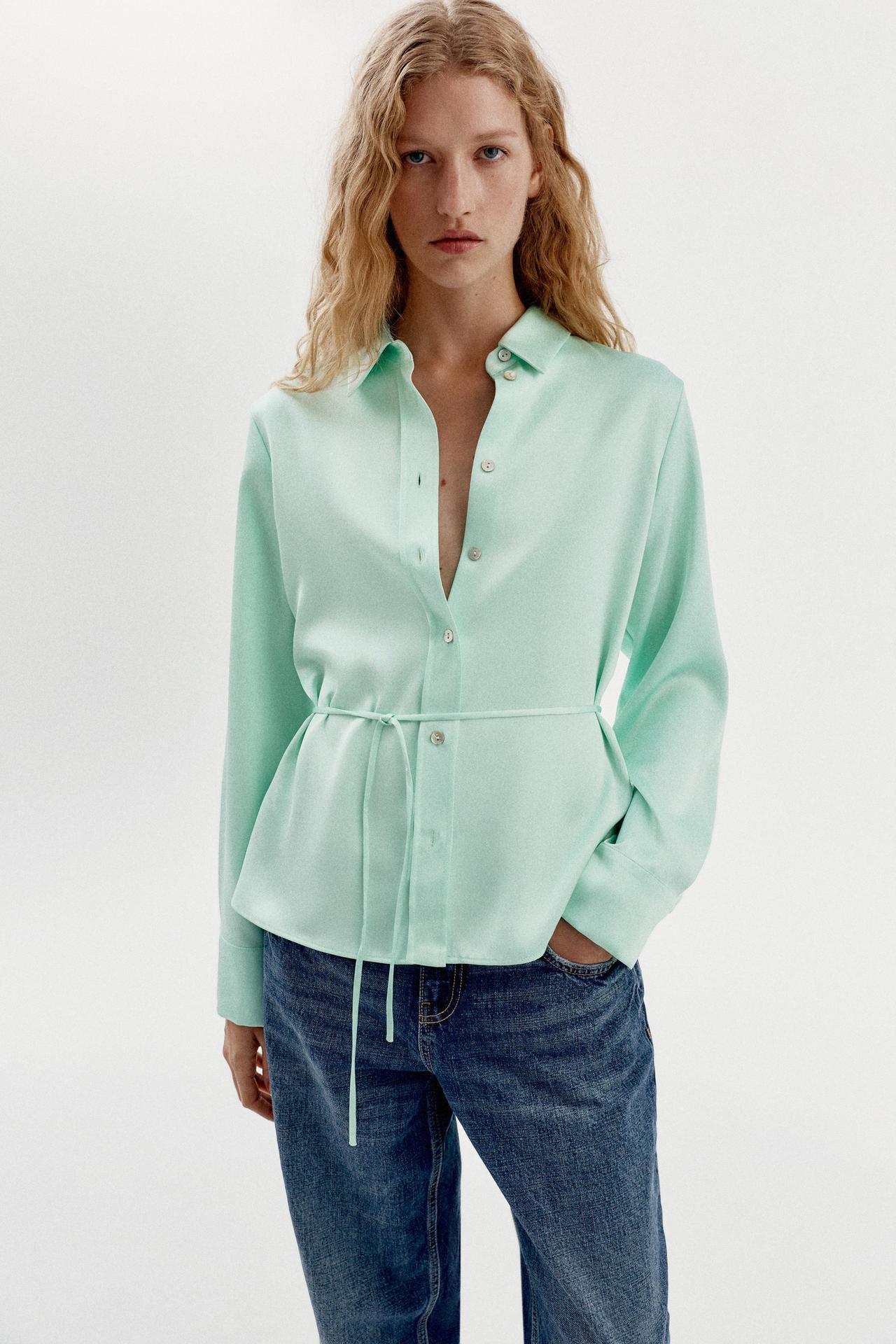 SATIN BACK-TIE SHIRT — Mint