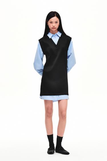 Zara 府綢拼接迷你連身裙 - 藍色