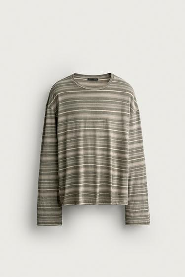STRIPED JACQUARD BOXY FIT T-SHIRT — Stone 1