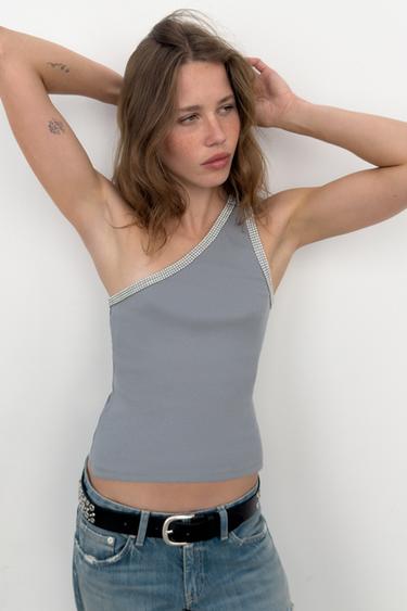 Zara ASYMMETRIC SPARKLY TOP - Dark gray