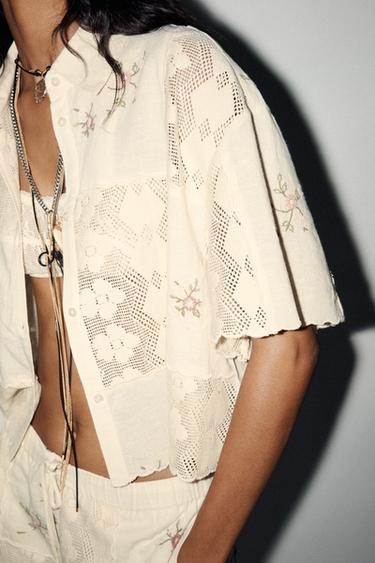 Zara EMBROIDERED CROCHET SHIRT - Mid-ecru