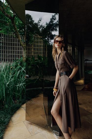 FLOWING SHIRT DRESS WITH BELT - Brown by Zara - Image 2
