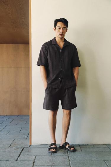 Zara 條紋泡泡紗舒適百慕達短褲 - 棕色-藍色