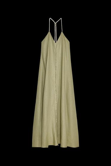 VOLUMINOUS LINEN BLEND MIDI DRESS - Light khaki by Zara
