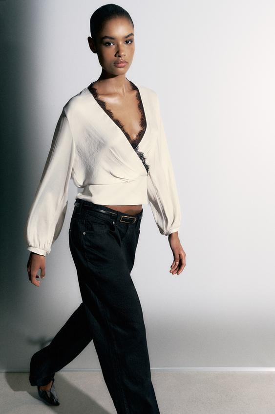 BLOUSE SATINÉE DENTELLE - Écru de Zara - Image 4