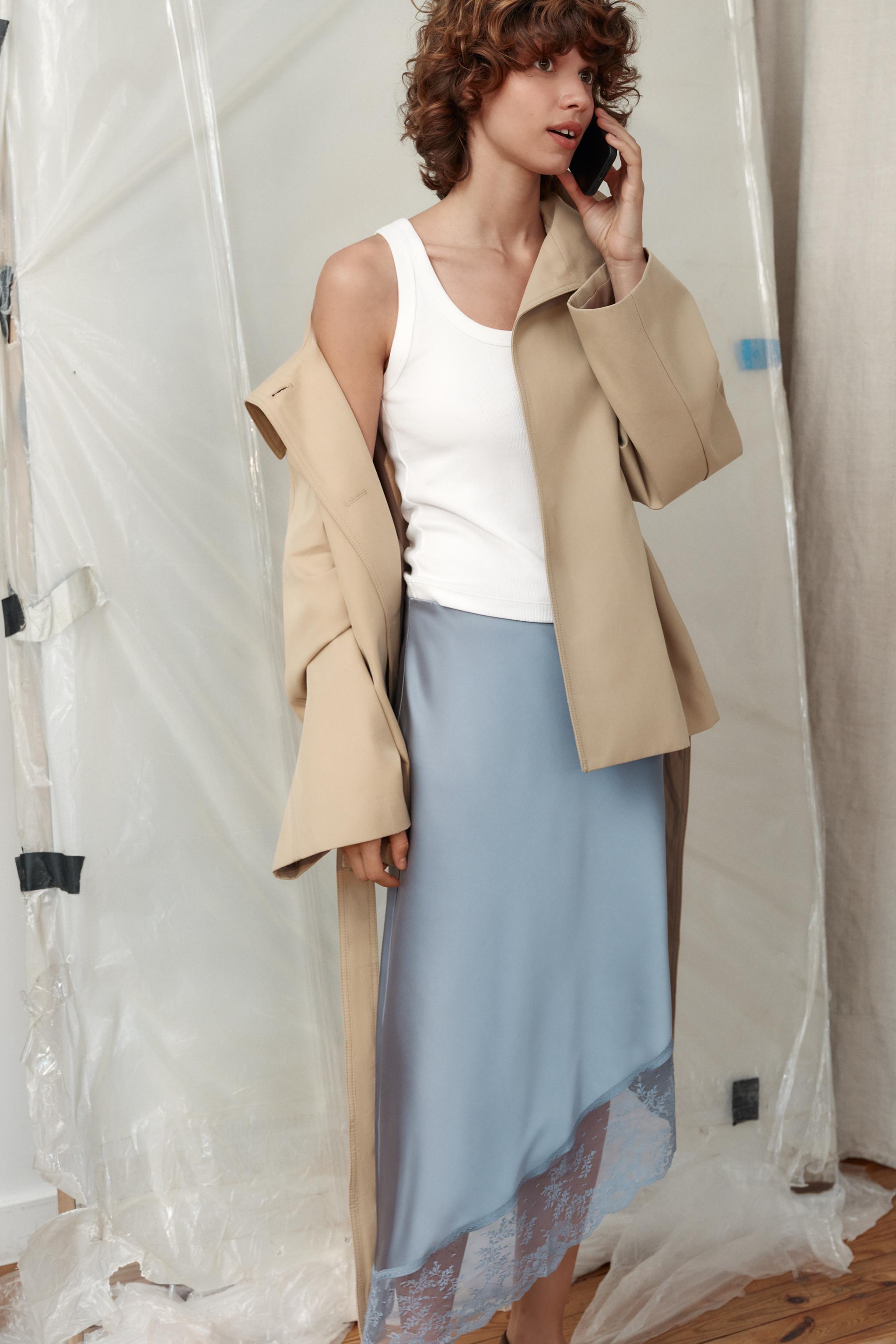 SATIN MIDI SKIRT WITH ASYMMETRIC LACE HEM