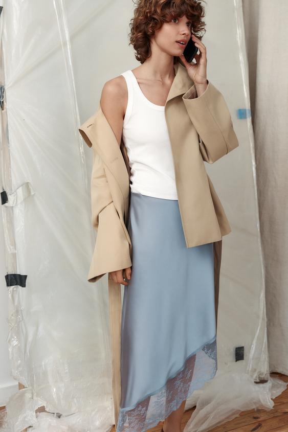 SATIN EFFECT MIDI SKIRT WITH ASYMMETRIC HEM AND LACE