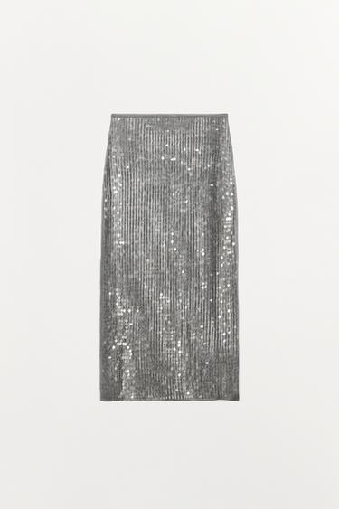 JUPE MI-LONGUE PAILLETTES OUVERTURE - Gris chiné de Zara - Image 6
