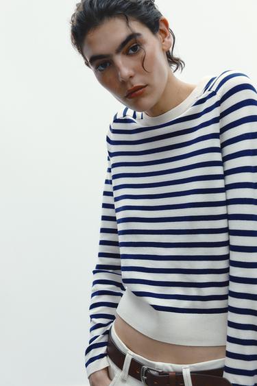 PULL EN MAILLE À RAYURES - Écru / Bleu de Zara