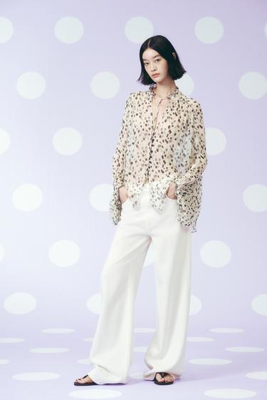 Zara ZW 系列高腰寬管牛仔褲 - 磨白色