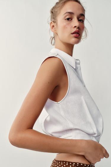 توب كتاني بدرزات - أبيض الخاص بـ Zara