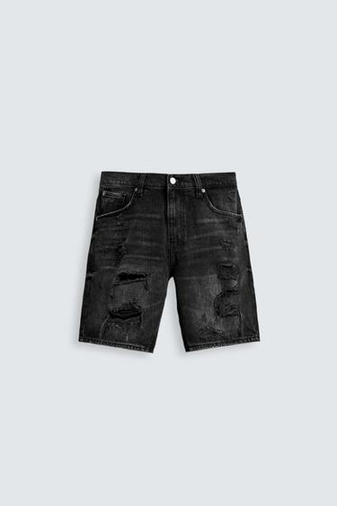 Zara RIPPED DENIM SHORTS - Charcoal