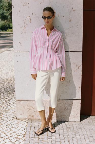 Zara STRIPED PLEATED SHIRT - Pink / White