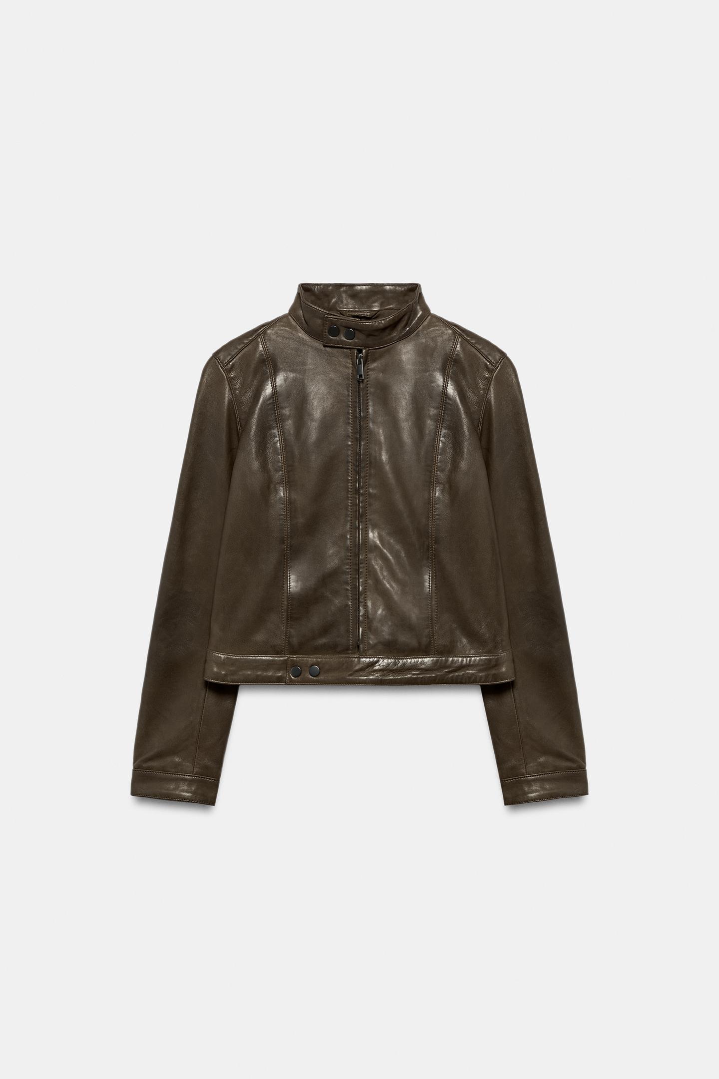 Женская куртка Zara 100% Leather Zip-Up, цвет: Серый зелёный — фото 5
