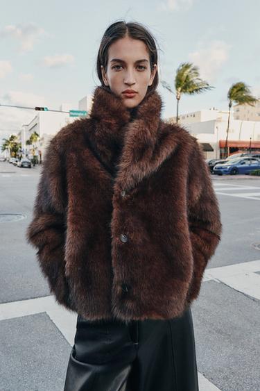Zara REVERSIBLE DOUBLE FACED FAUX FUR JACKET - Dark brown