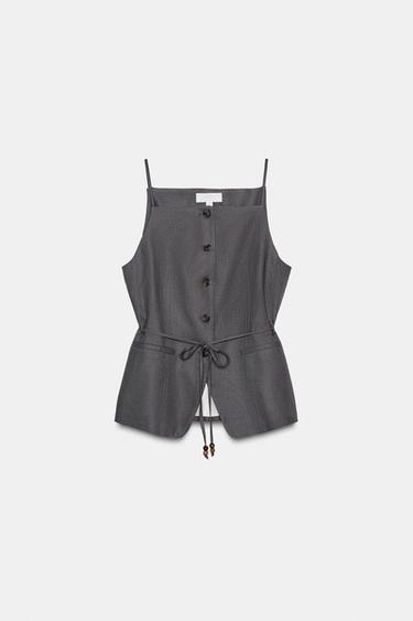 Zara BEADED BELT LINEN VEST - Anthracite grey