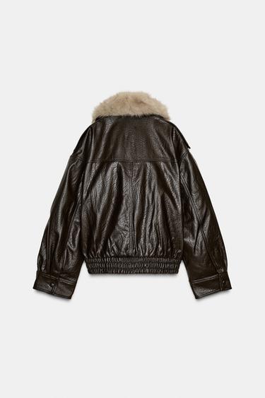 BLOUSON EN MATIÈRE SYNTHÉTIQUE AVEC COL AMOVIBLE - Marron foncé de Zara - Image 9