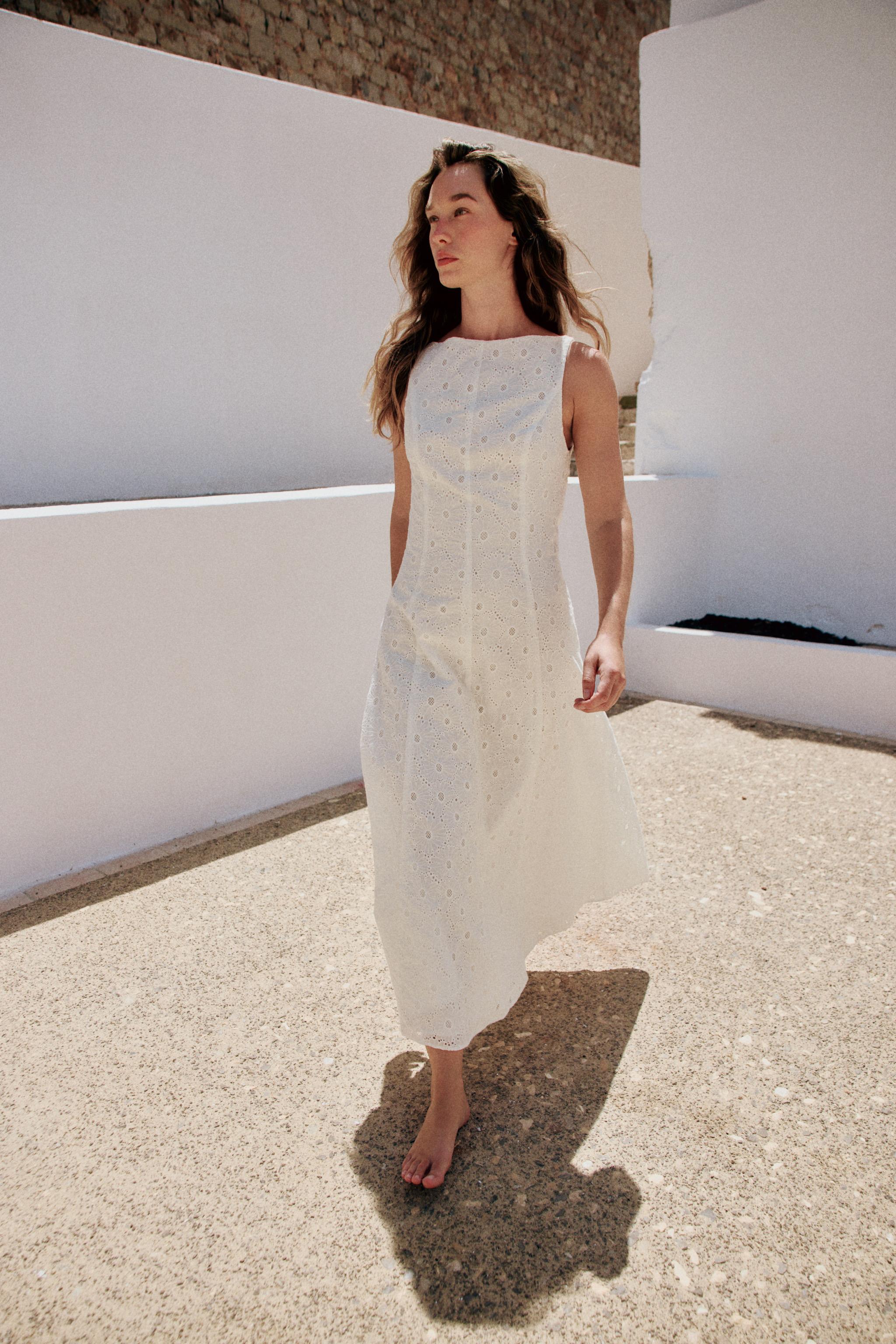EMBROIDERED EYELET MIDI DRESS