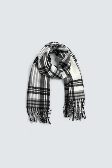 CHECK SCARF WITH FRINGING - Black / Ecru by Zara - Image 1