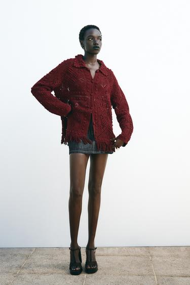 Zara CROCHET KNIT CARDIGAN - Burgundy - Image 0