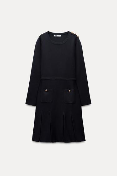 Zara PLEATED SHORT KNIT DRESS - Navy blue