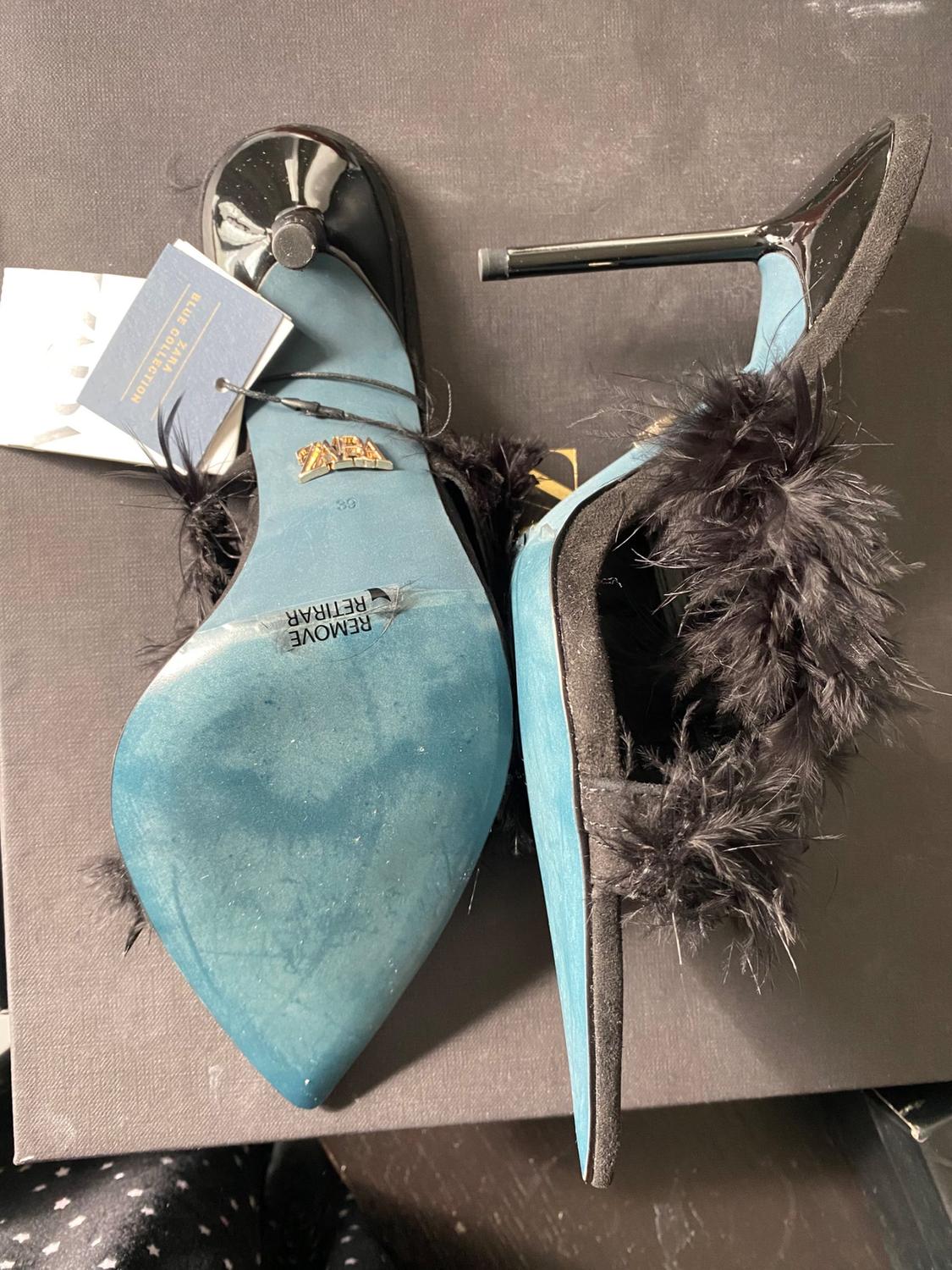 BLUE COLLECTION LEATHER HIGH HEEL MULES WITH FEATHERS - Image 2