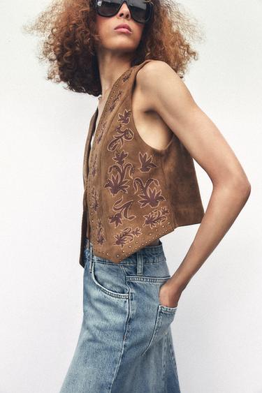 Zara EMBROIDERED BEADED FAUX SUEDE VEST - Tobacco Brown