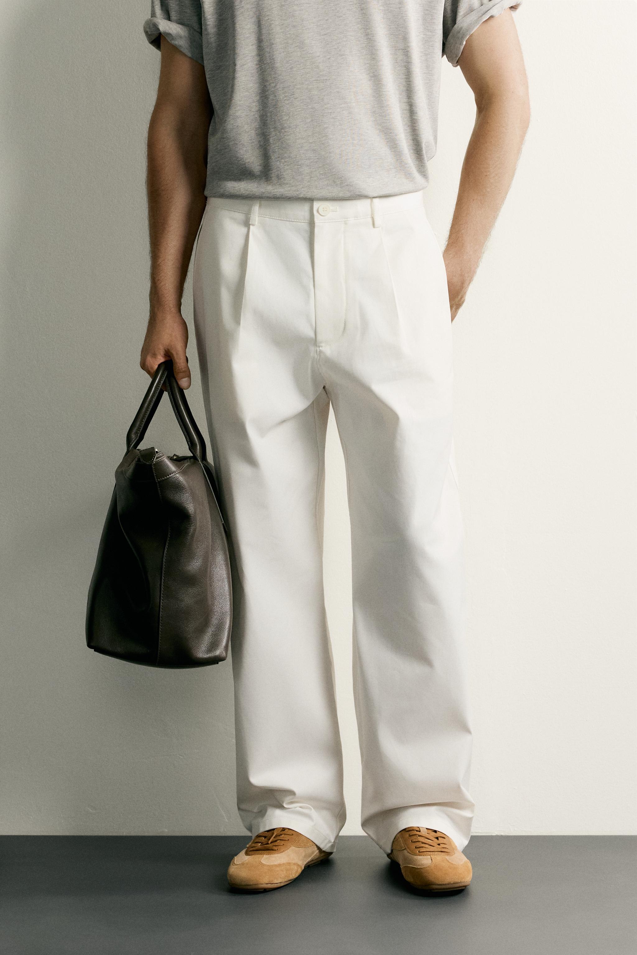 STRAIGHT FIT PLEATED PANTS — Oyster-white
